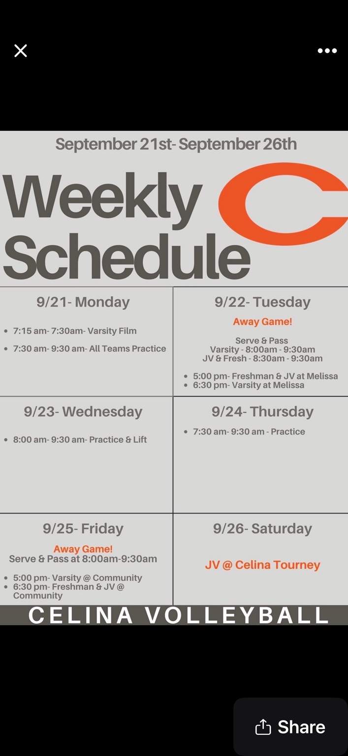 Original Celina Volleyball weekly schedule for September 21–26, 2026